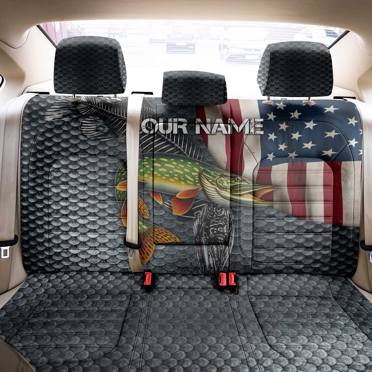 Pike Fishing Back Car Seat Cover with American Flag and Realistic Fish Scale Texture Design - Wonder Print Shop