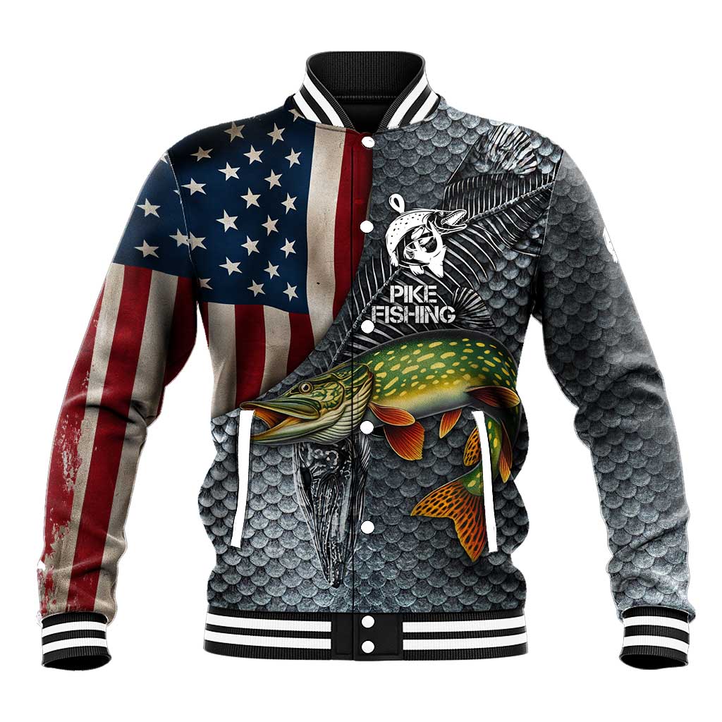Pike Fishing Baseball Jacket with American Flag and Realistic Fish Scale Texture Design - Wonder Print Shop