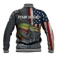 Pike Fishing Baseball Jacket with American Flag and Realistic Fish Scale Texture Design - Wonder Print Shop