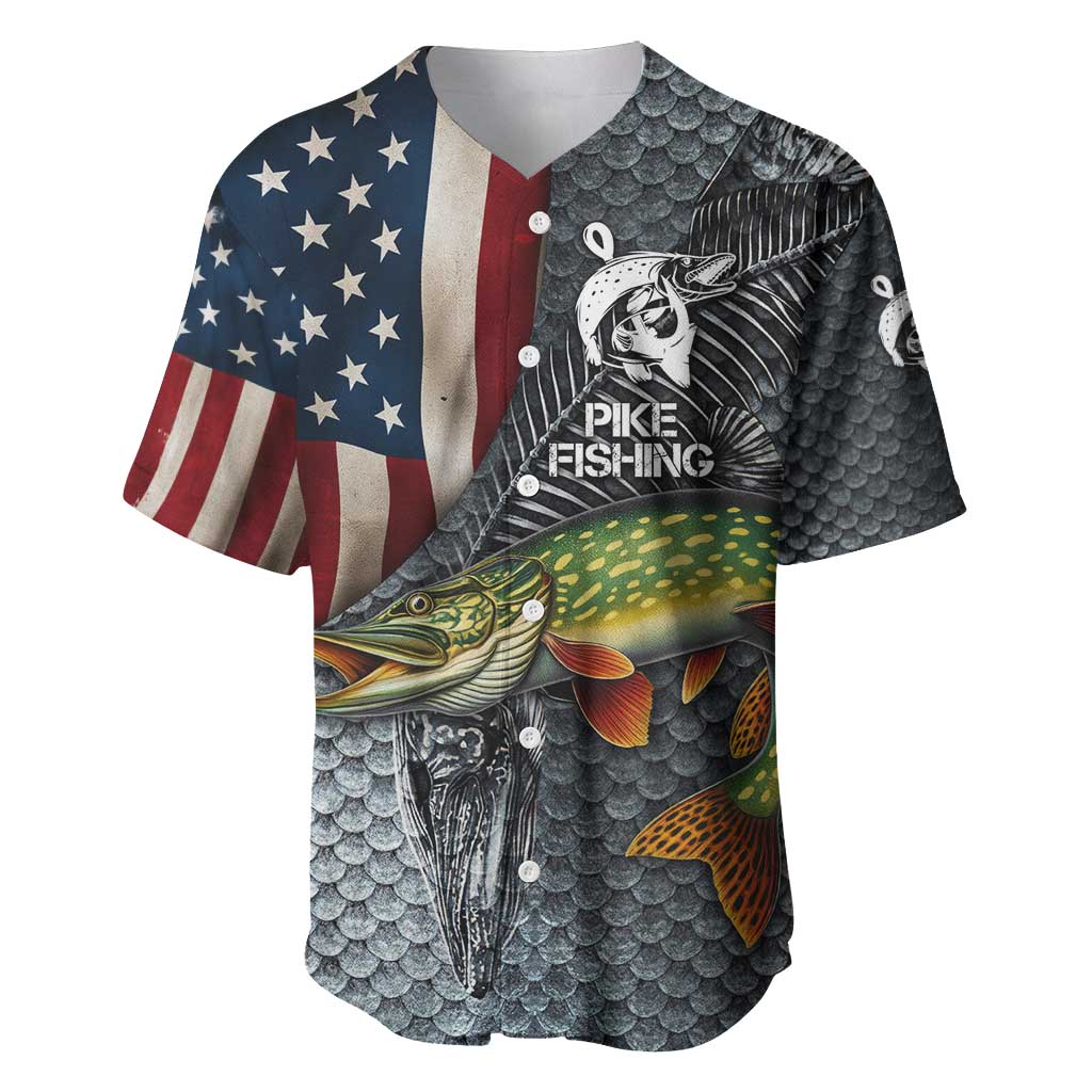 Pike Fishing Baseball Jersey with American Flag and Realistic Fish Scale Texture Design - Wonder Print Shop