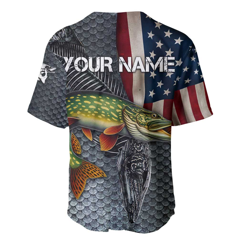 Pike Fishing Baseball Jersey with American Flag and Realistic Fish Scale Texture Design - Wonder Print Shop