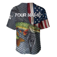 Pike Fishing Baseball Jersey with American Flag and Realistic Fish Scale Texture Design - Wonder Print Shop