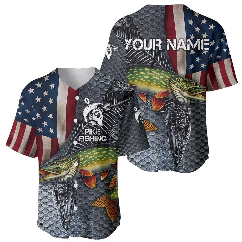 Pike Fishing Baseball Jersey with American Flag and Realistic Fish Scale Texture Design - Wonder Print Shop