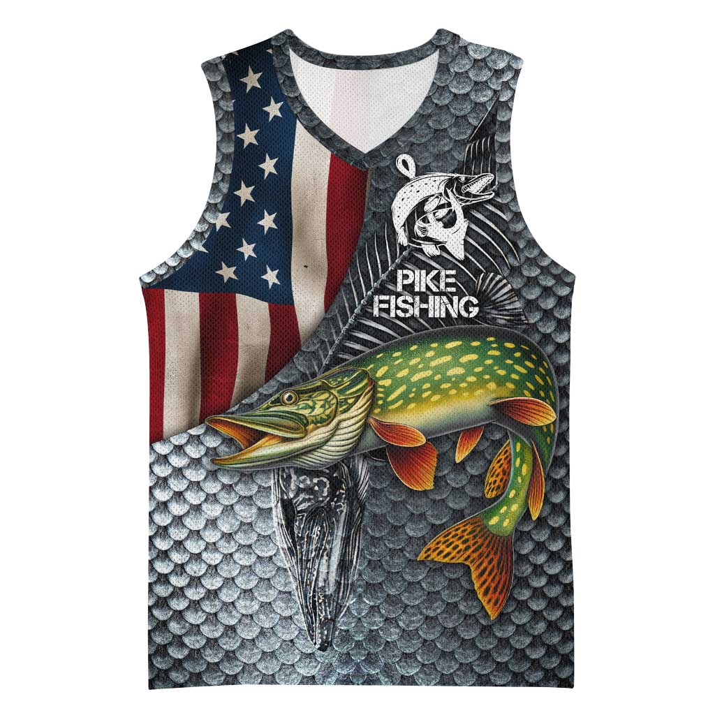 Pike Fishing Basketball Jersey with American Flag and Realistic Fish Scale Texture Design - Wonder Print Shop