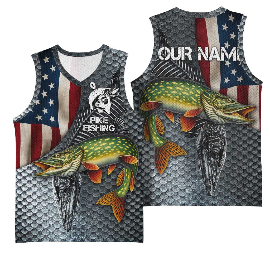 Pike Fishing Basketball Jersey with American Flag and Realistic Fish Scale Texture Design - Wonder Print Shop
