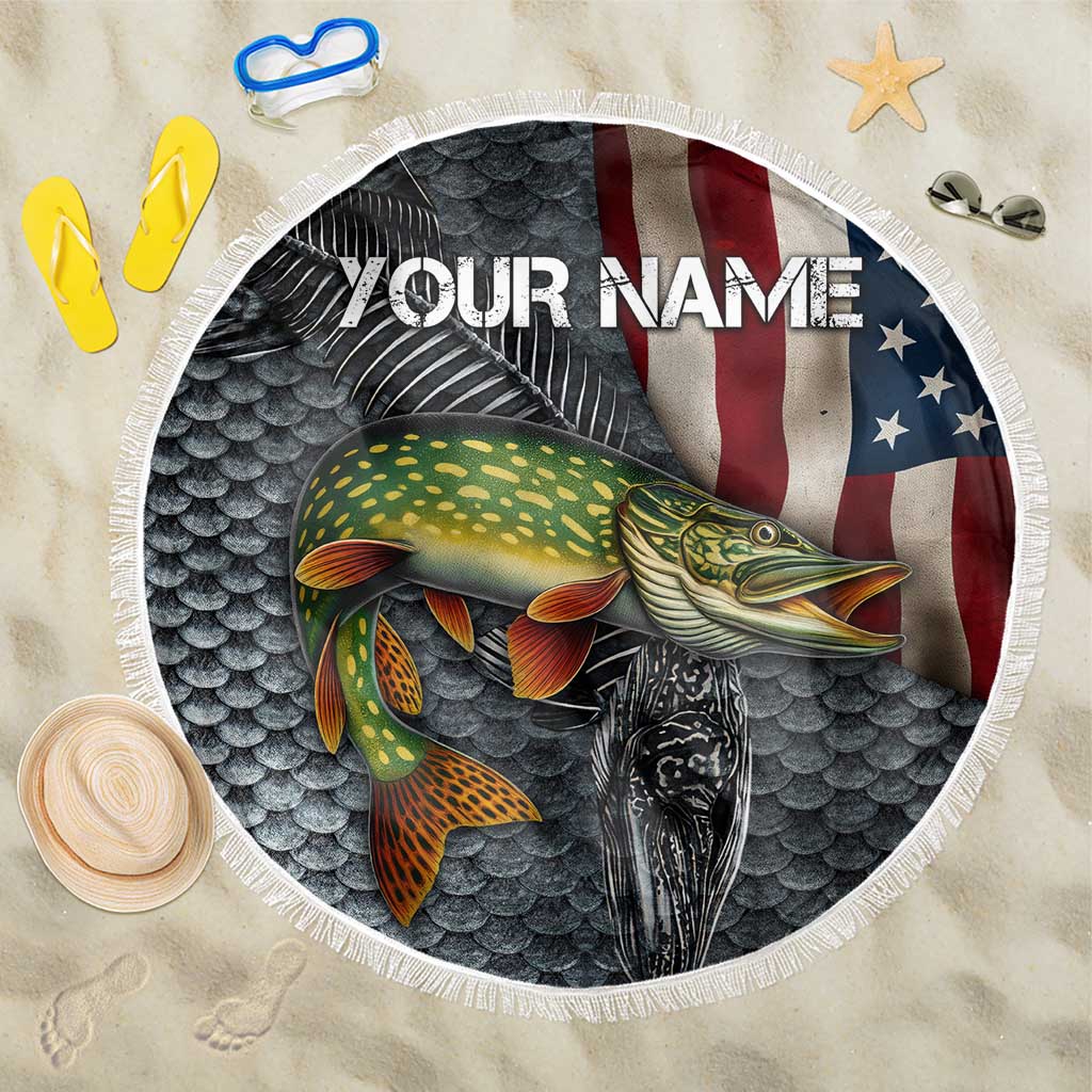 Pike Fishing Beach Blanket with American Flag and Realistic Fish Scale Texture Design - Wonder Print Shop