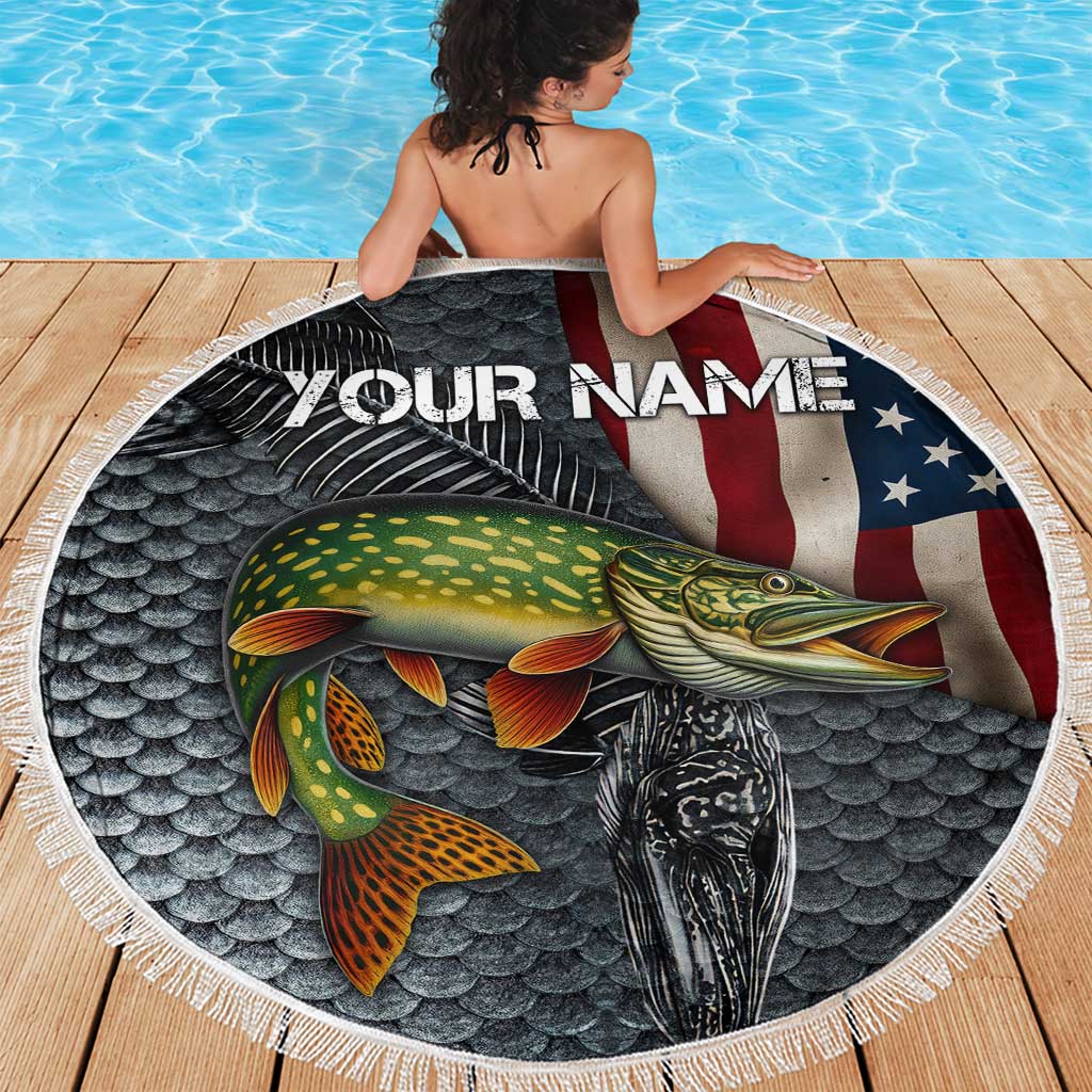 Pike Fishing Beach Blanket with American Flag and Realistic Fish Scale Texture Design - Wonder Print Shop