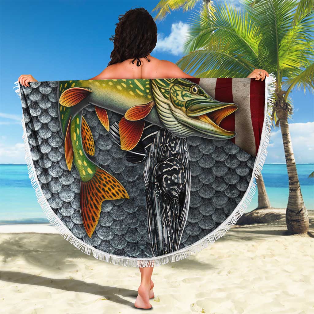Pike Fishing Beach Blanket with American Flag and Realistic Fish Scale Texture Design - Wonder Print Shop