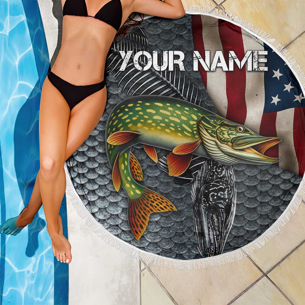 Pike Fishing Beach Blanket with American Flag and Realistic Fish Scale Texture Design - Wonder Print Shop
