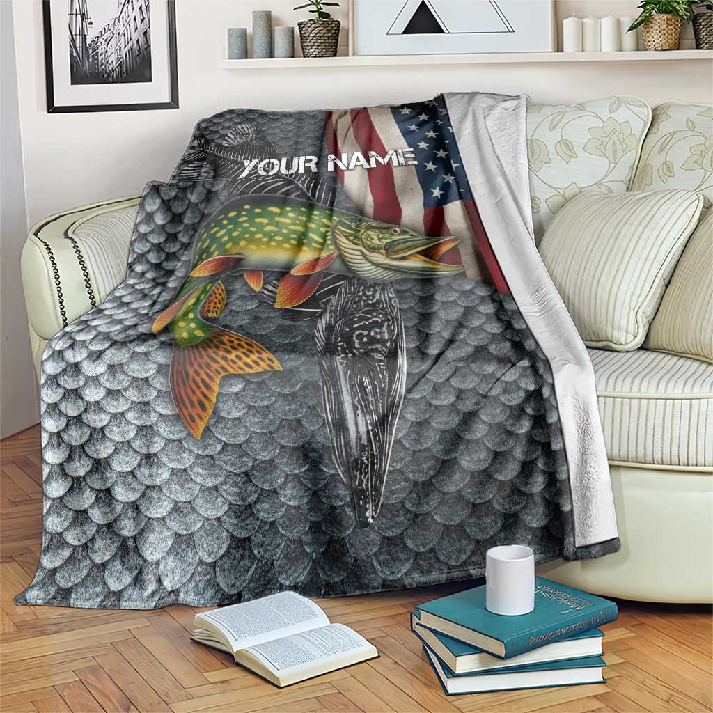 Pike Fishing Blanket with American Flag and Realistic Fish Scale Texture Design - Wonder Print Shop