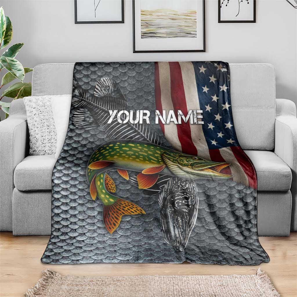 Pike Fishing Blanket with American Flag and Realistic Fish Scale Texture Design - Wonder Print Shop