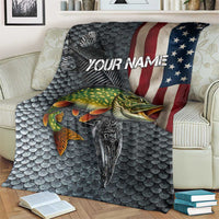 Pike Fishing Blanket with American Flag and Realistic Fish Scale Texture Design - Wonder Print Shop