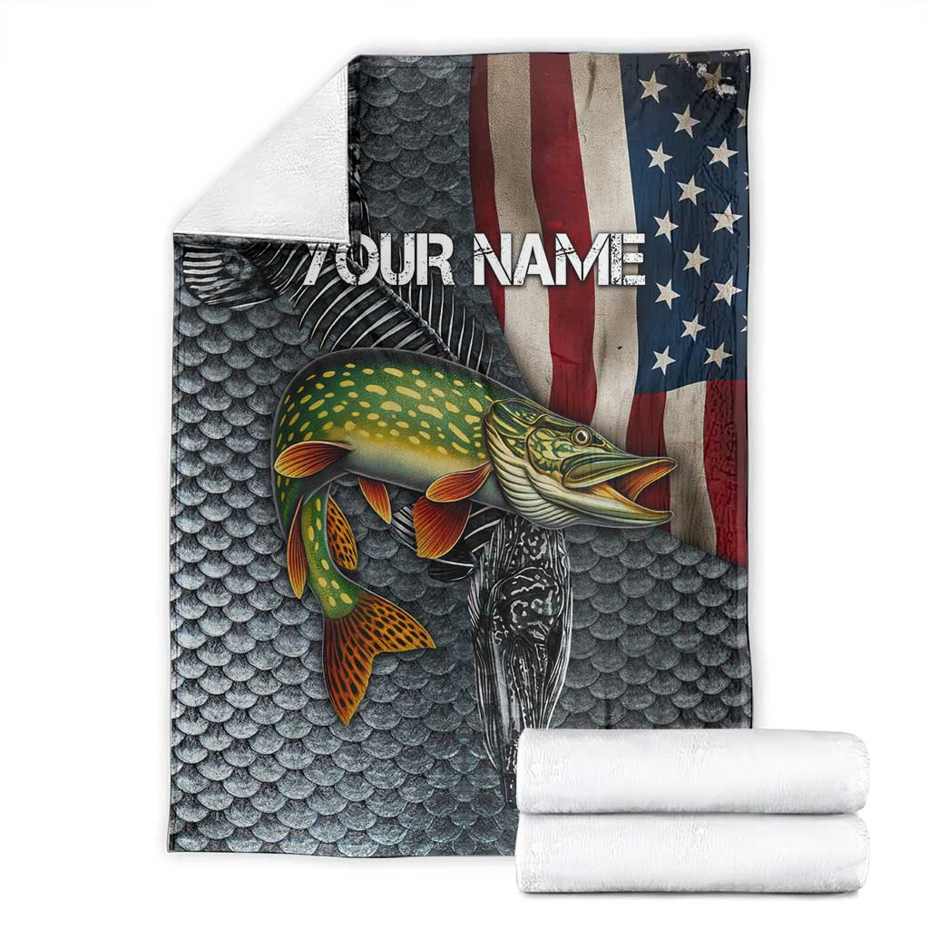 Pike Fishing Blanket with American Flag and Realistic Fish Scale Texture Design - Wonder Print Shop