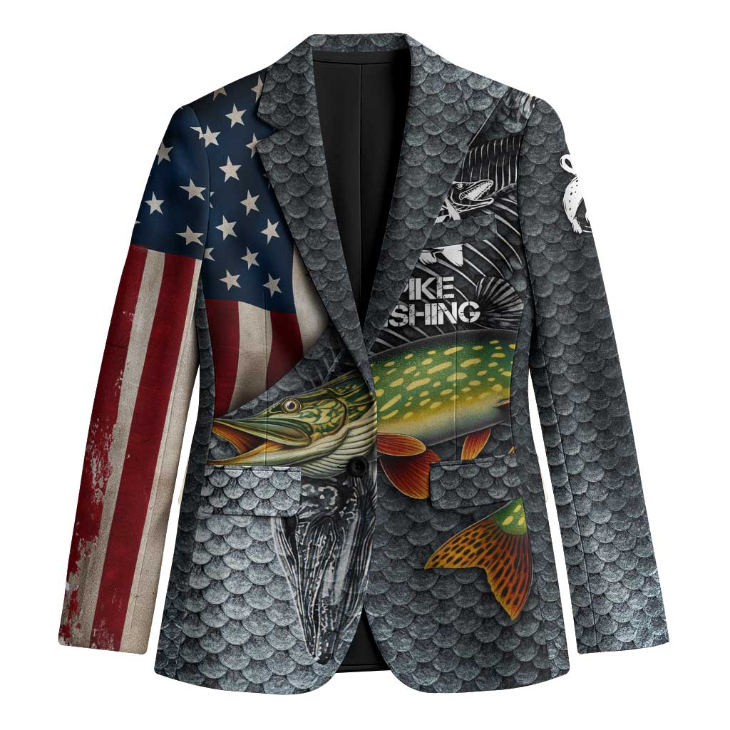 Pike Fishing Blazer with American Flag and Realistic Fish Scale Texture Design - Wonder Print Shop