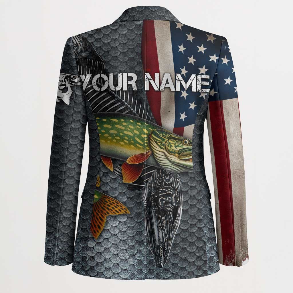 Pike Fishing Blazer with American Flag and Realistic Fish Scale Texture Design - Wonder Print Shop