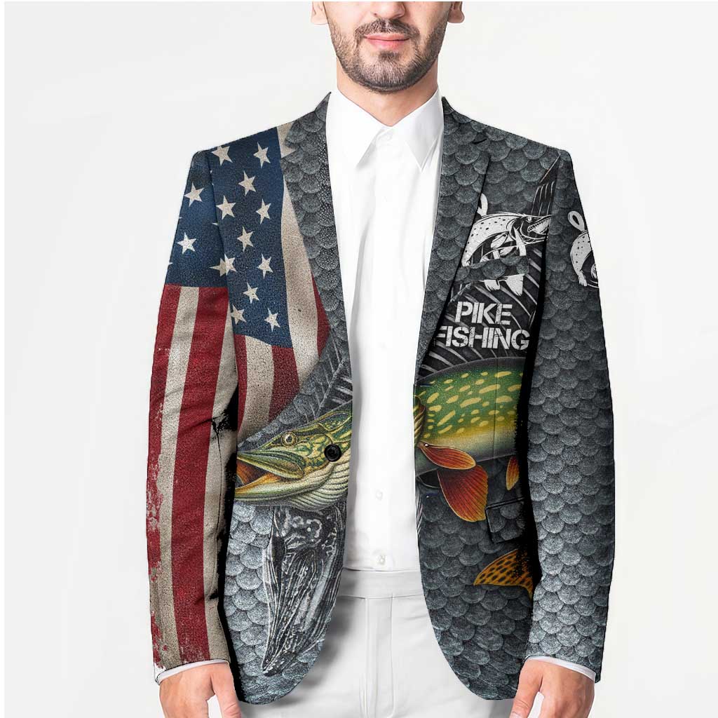 Pike Fishing Blazer with American Flag and Realistic Fish Scale Texture Design - Wonder Print Shop