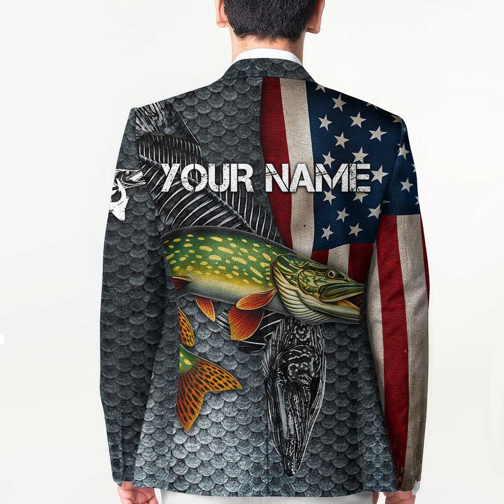 Pike Fishing Blazer with American Flag and Realistic Fish Scale Texture Design - Wonder Print Shop