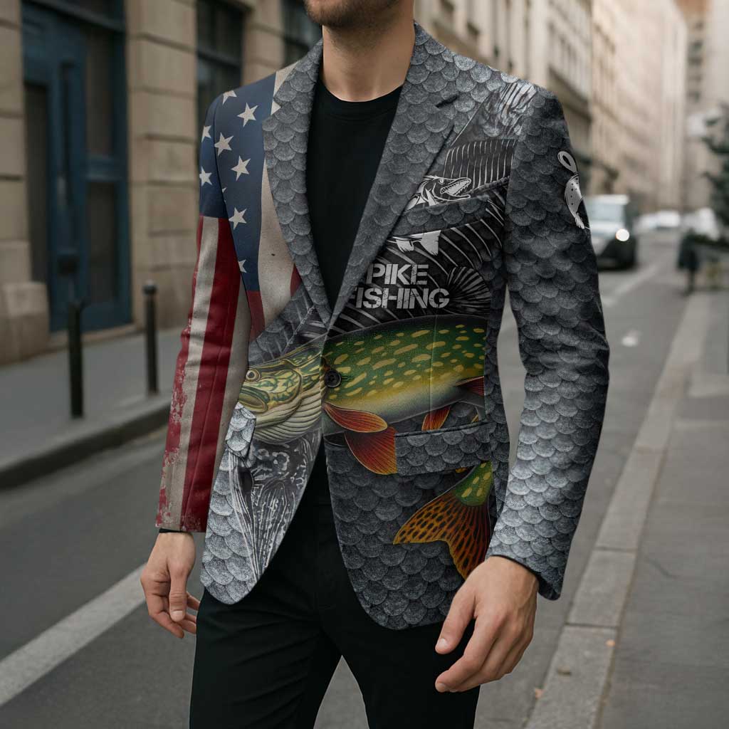 Pike Fishing Blazer with American Flag and Realistic Fish Scale Texture Design - Wonder Print Shop