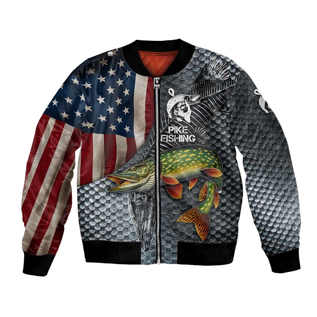 Pike Fishing Bomber Jacket with American Flag and Realistic Fish Scale Texture Design - Wonder Print Shop