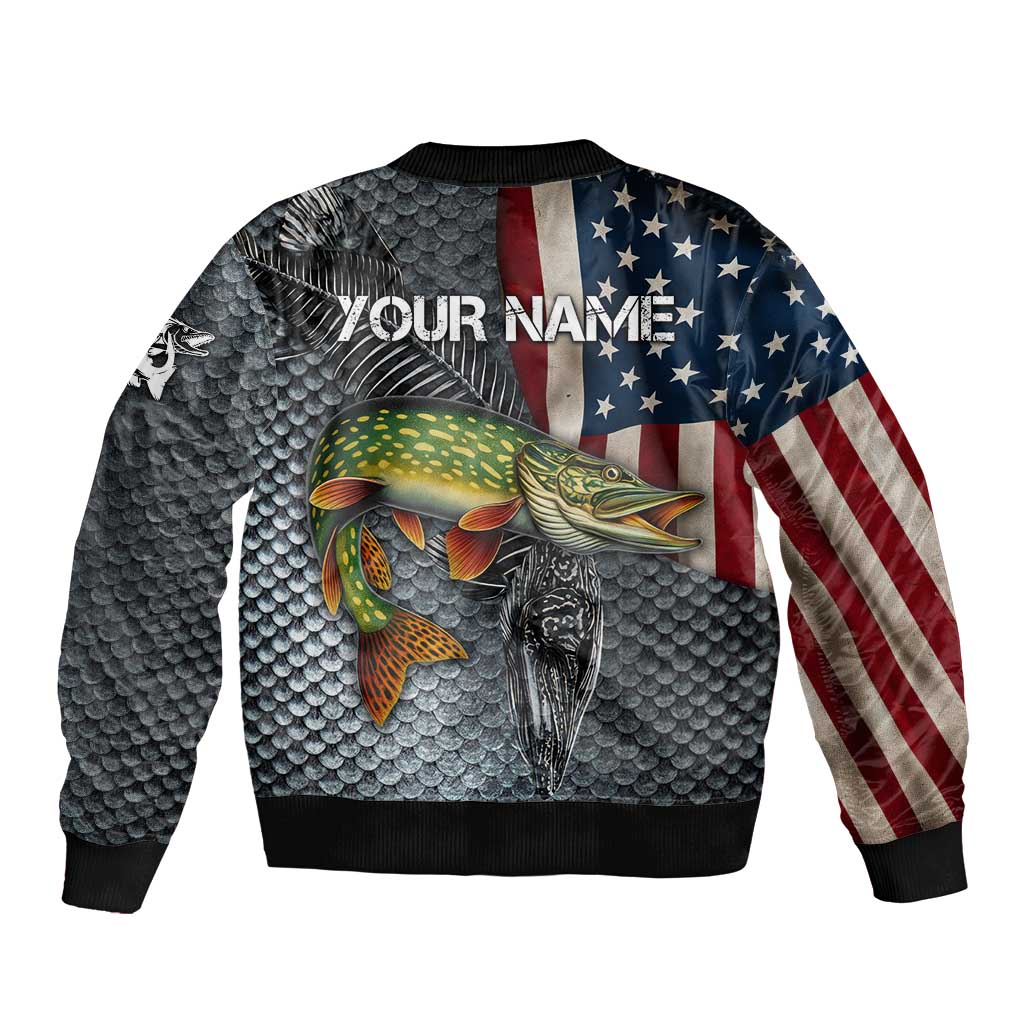 Pike Fishing Bomber Jacket with American Flag and Realistic Fish Scale Texture Design - Wonder Print Shop