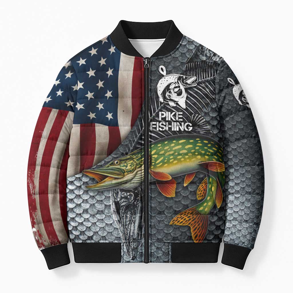 Pike Fishing Bomber Puffer Jacket with American Flag and Realistic Fish Scale Texture Design - Wonder Print Shop