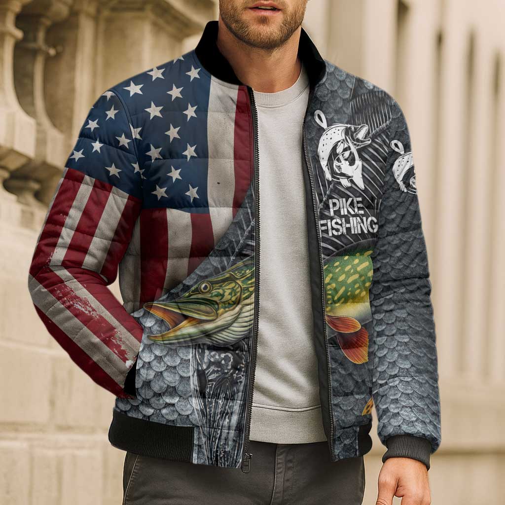 Pike Fishing Bomber Puffer Jacket with American Flag and Realistic Fish Scale Texture Design - Wonder Print Shop