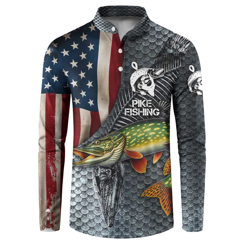 Pike Fishing Button Sweatshirt with American Flag and Realistic Fish Scale Texture Design - Wonder Print Shop