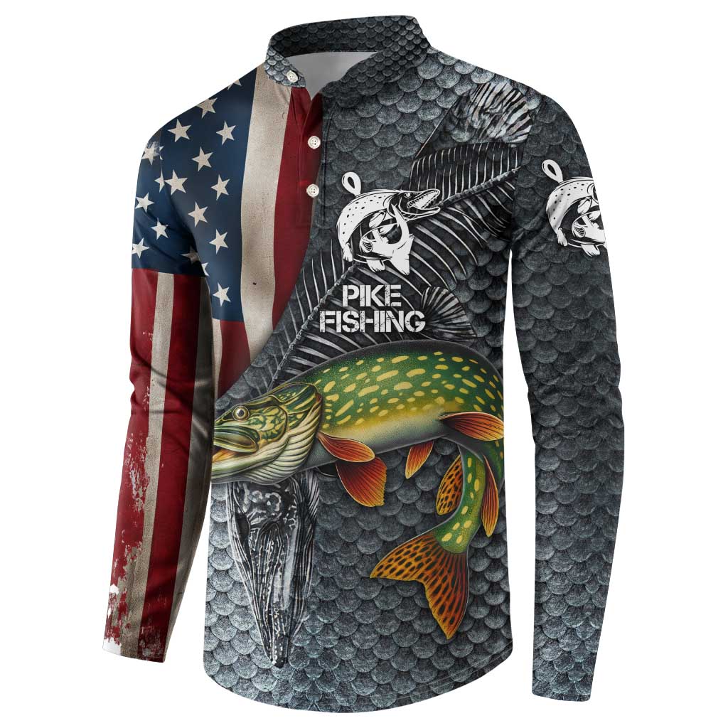 Pike Fishing Button Sweatshirt with American Flag and Realistic Fish Scale Texture Design - Wonder Print Shop