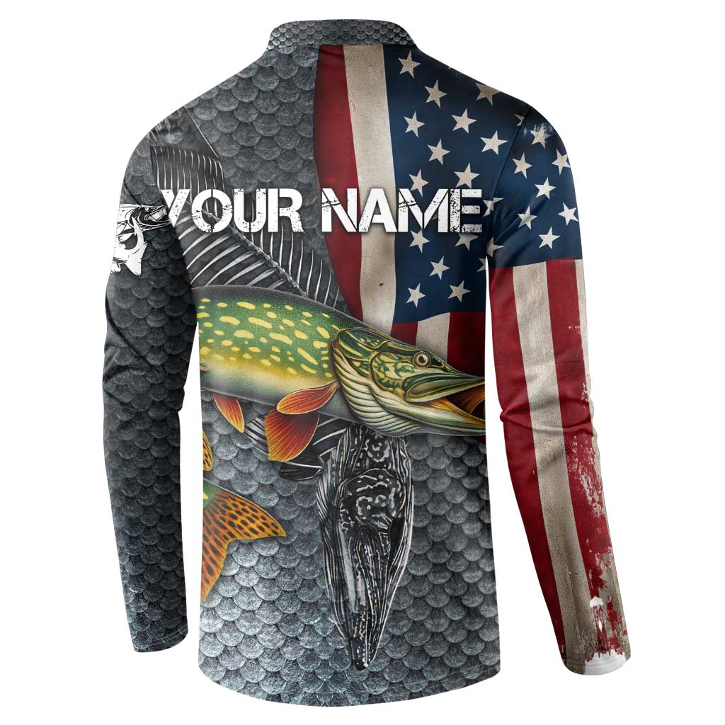 Pike Fishing Button Sweatshirt with American Flag and Realistic Fish Scale Texture Design - Wonder Print Shop