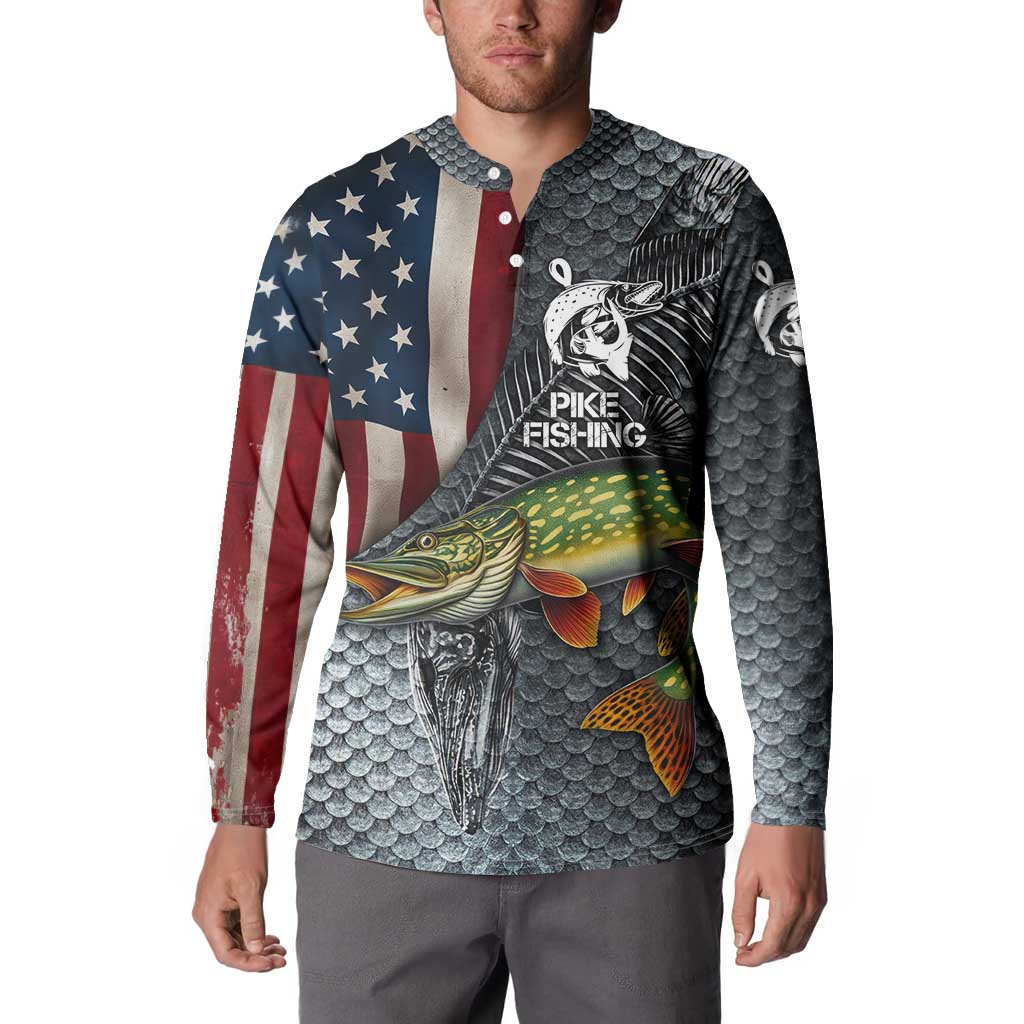 Pike Fishing Button Sweatshirt with American Flag and Realistic Fish Scale Texture Design - Wonder Print Shop