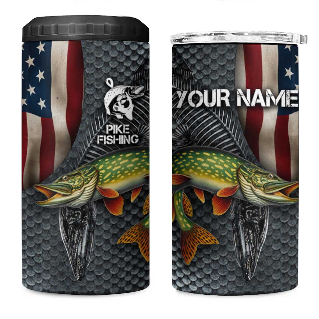 Pike Fishing 4 in 1 Can Cooler Tumbler with American Flag and Realistic Fish Scale Texture Design - Wonder Print Shop