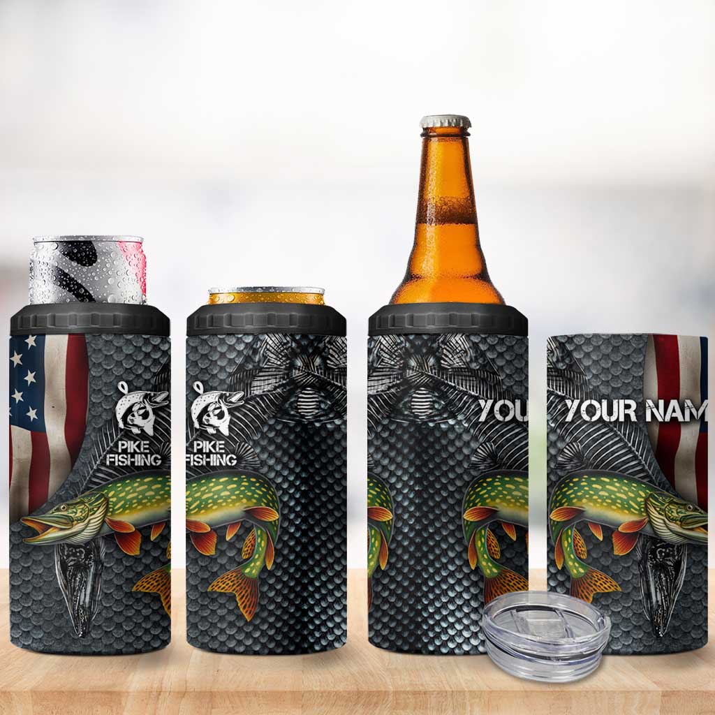 Pike Fishing 4 in 1 Can Cooler Tumbler with American Flag and Realistic Fish Scale Texture Design - Wonder Print Shop