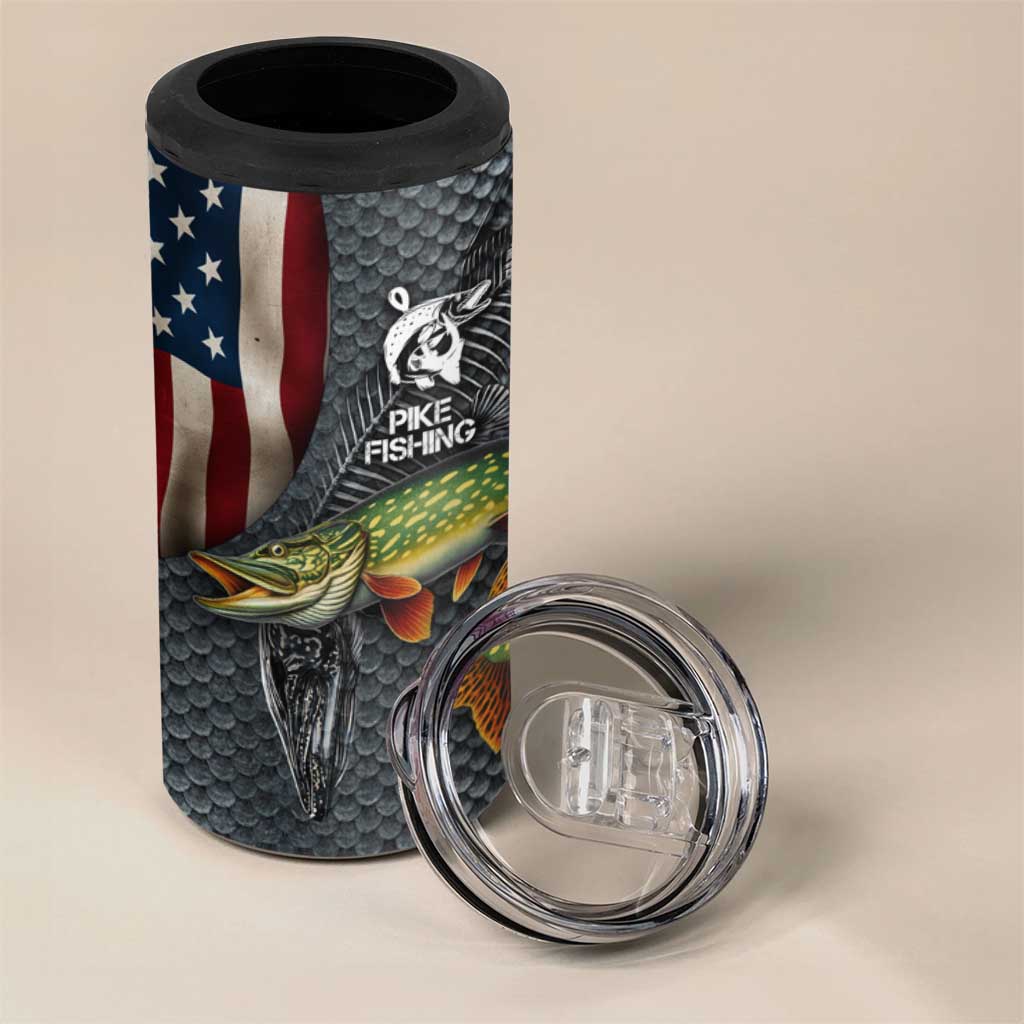Pike Fishing 4 in 1 Can Cooler Tumbler with American Flag and Realistic Fish Scale Texture Design - Wonder Print Shop