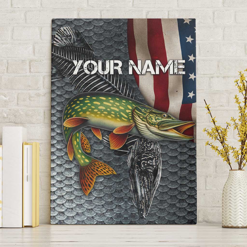 Pike Fishing Canvas Wall Art with American Flag and Realistic Fish Scale Texture Design - Wonder Print Shop