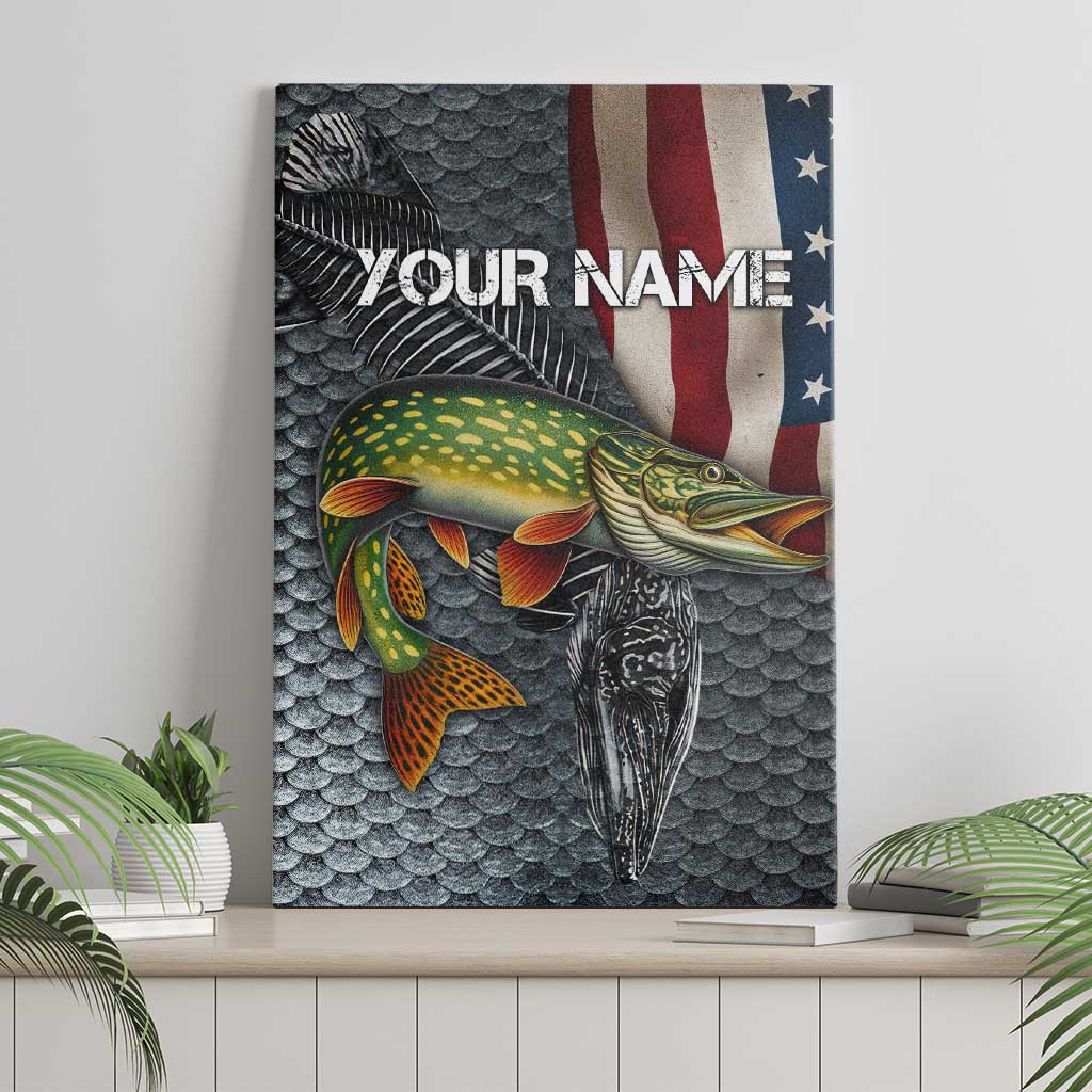 Pike Fishing Canvas Wall Art with American Flag and Realistic Fish Scale Texture Design - Wonder Print Shop