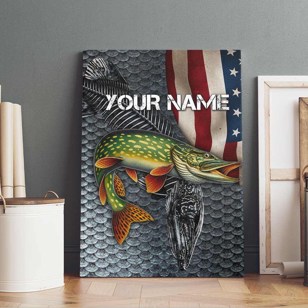 Pike Fishing Canvas Wall Art with American Flag and Realistic Fish Scale Texture Design - Wonder Print Shop