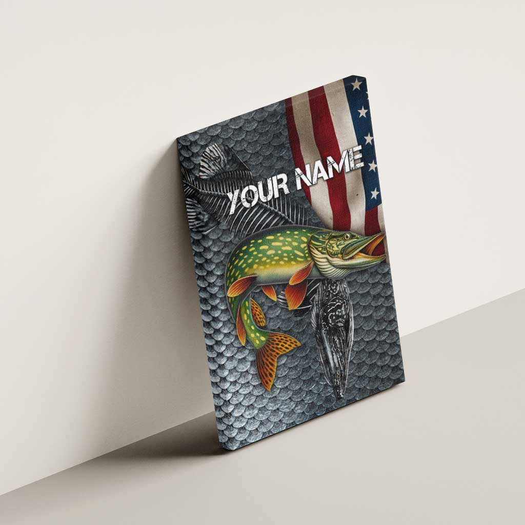 Pike Fishing Canvas Wall Art with American Flag and Realistic Fish Scale Texture Design - Wonder Print Shop