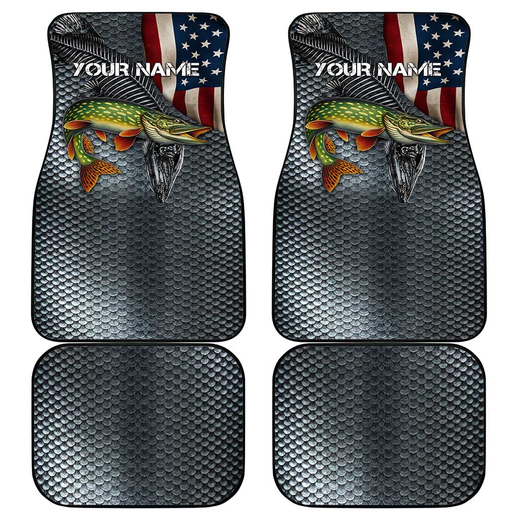 Pike Fishing Car Mats with American Flag and Realistic Fish Scale Texture Design - Wonder Print Shop