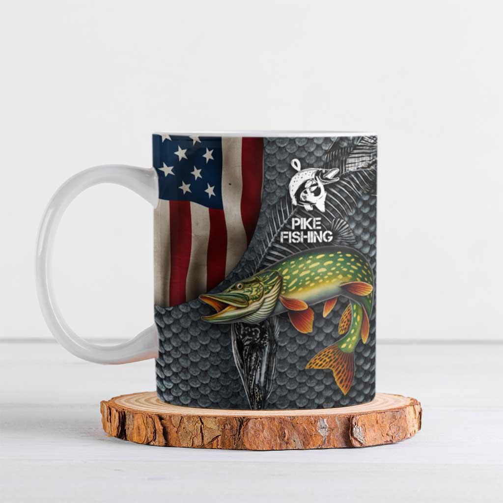 Pike Fishing Ceramic Mug with American Flag and Realistic Fish Scale Texture Design - Wonder Print Shop