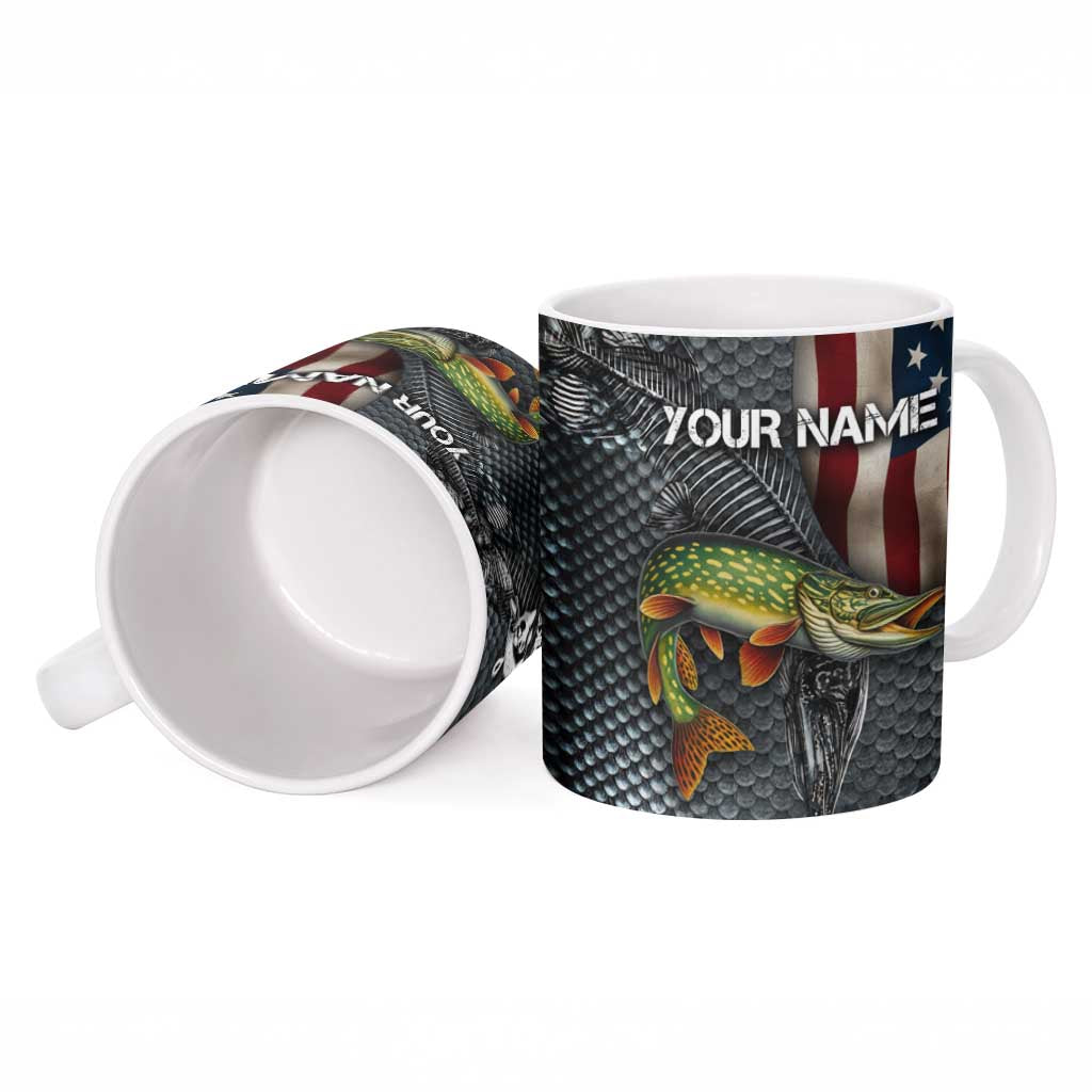 Pike Fishing Ceramic Mug with American Flag and Realistic Fish Scale Texture Design - Wonder Print Shop