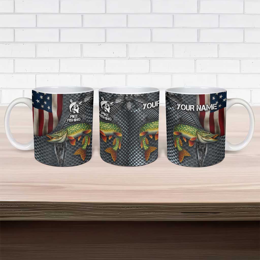Pike Fishing Ceramic Mug with American Flag and Realistic Fish Scale Texture Design - Wonder Print Shop