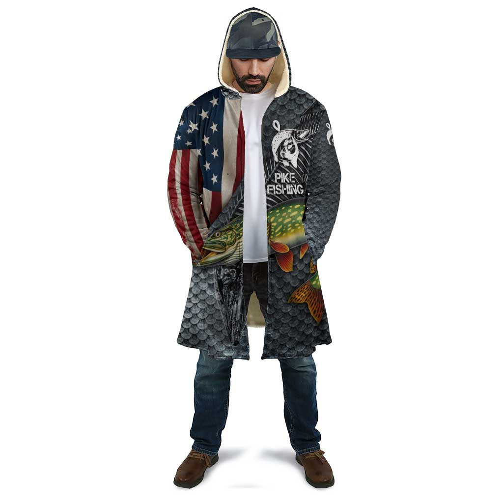 Pike Fishing Cloak with American Flag and Realistic Fish Scale Texture Design - Wonder Print Shop