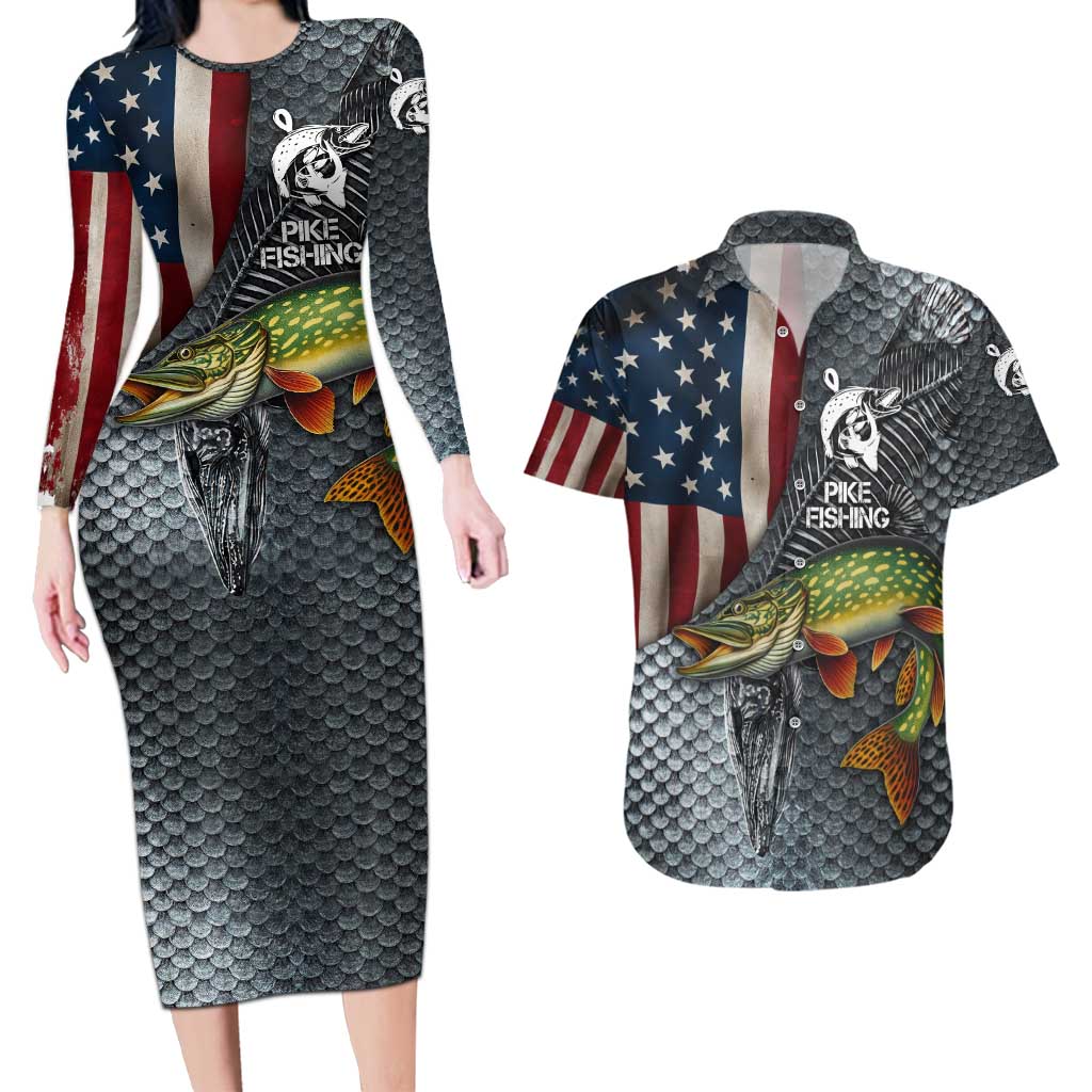 Pike Fishing Couples Matching Long Sleeve Bodycon Dress and Hawaiian Shirt with American Flag and Realistic Fish Scale Texture Design - Wonder Print Shop