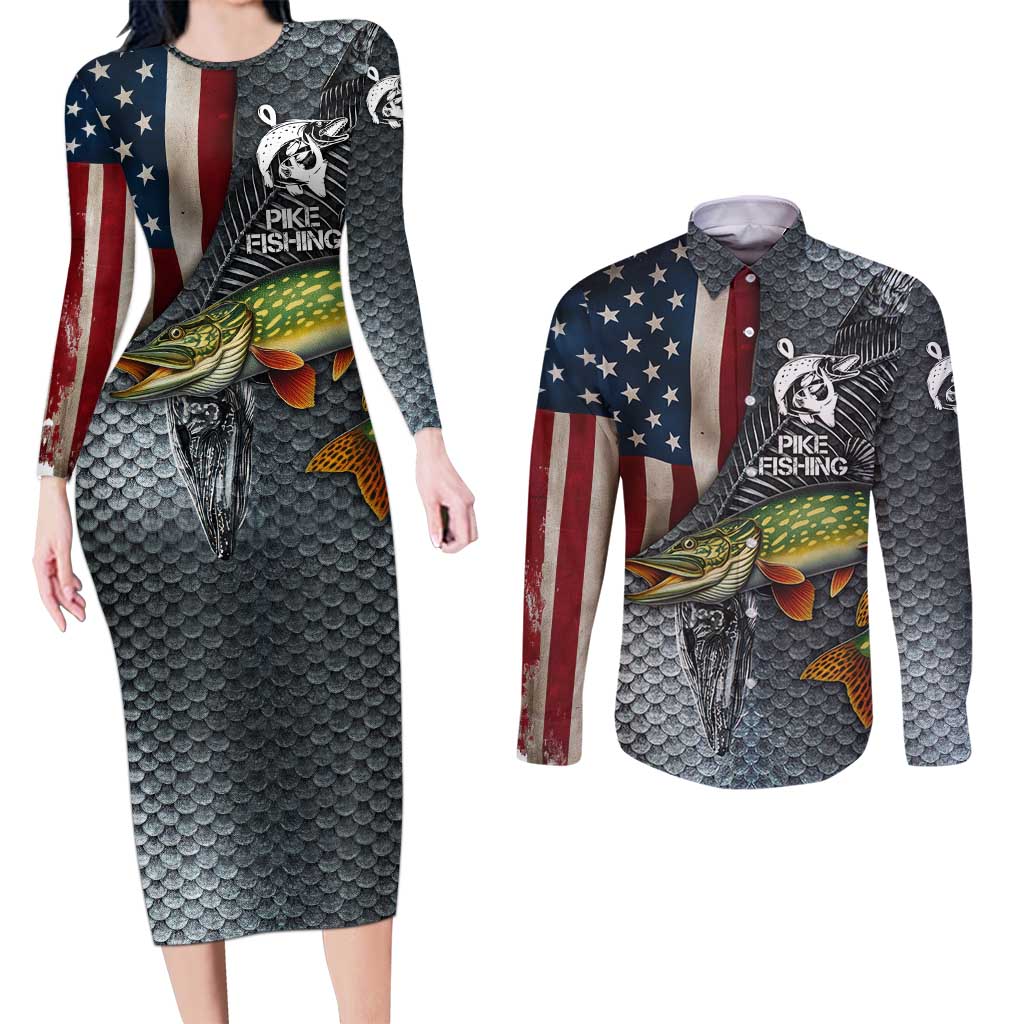Pike Fishing Couples Matching Long Sleeve Bodycon Dress and Long Sleeve Button Shirt with American Flag and Realistic Fish Scale Texture Design - Wonder Print Shop