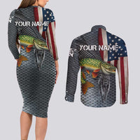 Pike Fishing Couples Matching Long Sleeve Bodycon Dress and Long Sleeve Button Shirt with American Flag and Realistic Fish Scale Texture Design - Wonder Print Shop