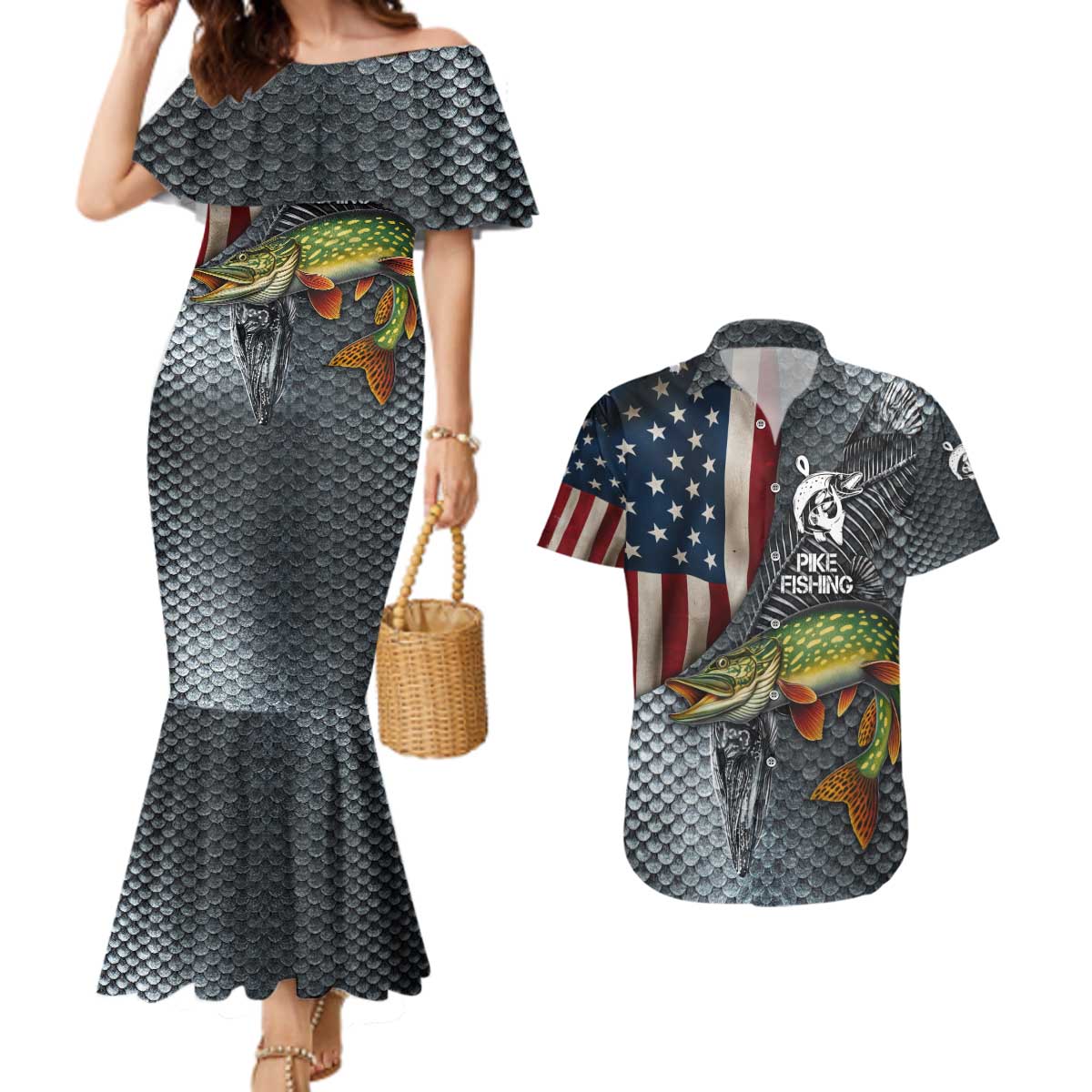 Pike Fishing Couples Matching Mermaid Dress and Hawaiian Shirt with American Flag and Realistic Fish Scale Texture Design - Wonder Print Shop