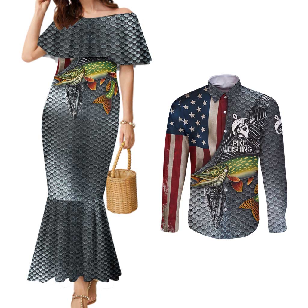 Pike Fishing Couples Matching Mermaid Dress and Long Sleeve Button Shirt with American Flag and Realistic Fish Scale Texture Design - Wonder Print Shop