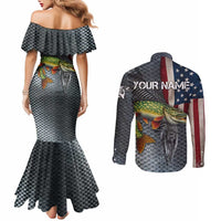 Pike Fishing Couples Matching Mermaid Dress and Long Sleeve Button Shirt with American Flag and Realistic Fish Scale Texture Design - Wonder Print Shop