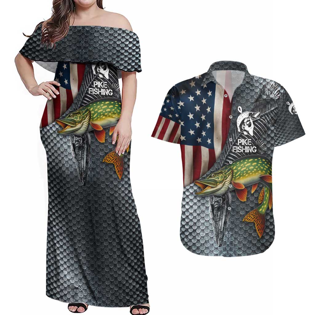 Pike Fishing Couples Matching Off Shoulder Maxi Dress and Hawaiian Shirt with American Flag and Realistic Fish Scale Texture Design - Wonder Print Shop