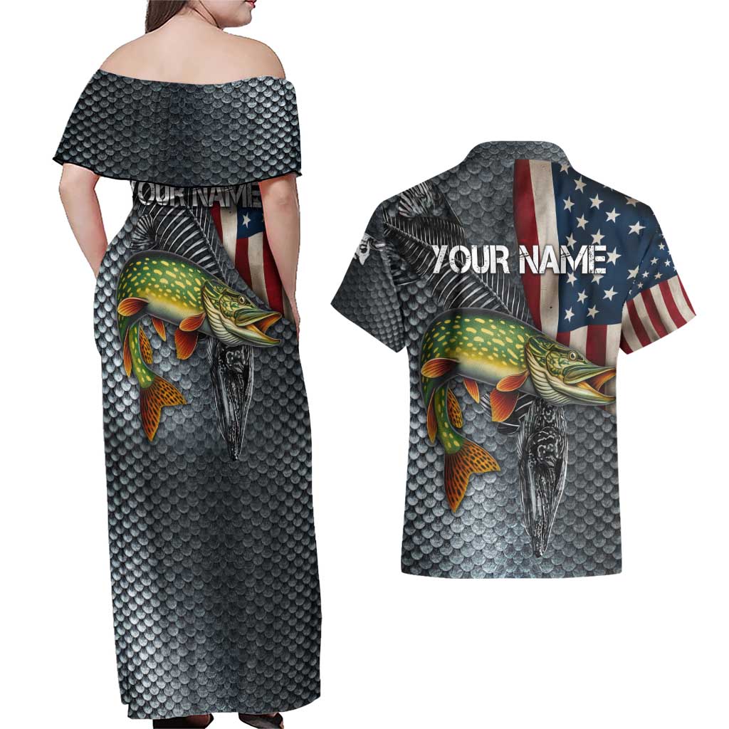 Pike Fishing Couples Matching Off Shoulder Maxi Dress and Hawaiian Shirt with American Flag and Realistic Fish Scale Texture Design - Wonder Print Shop